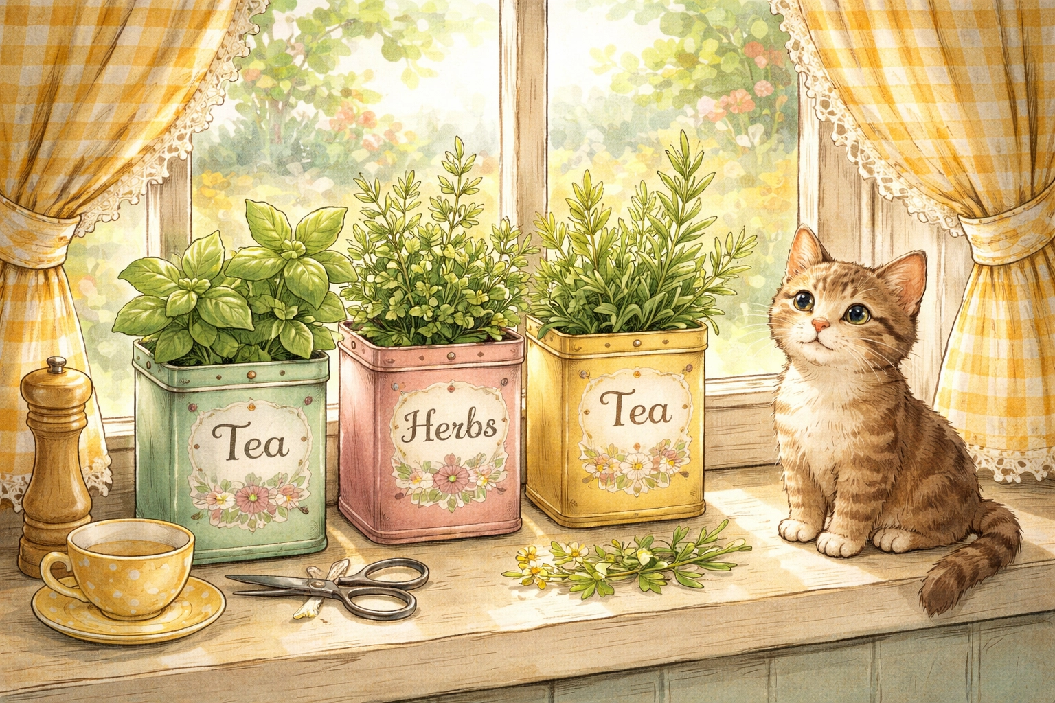 Vintage tea tins filled with fresh herbs on a sunny kitchen windowsill, perfect for an indoor herb garden