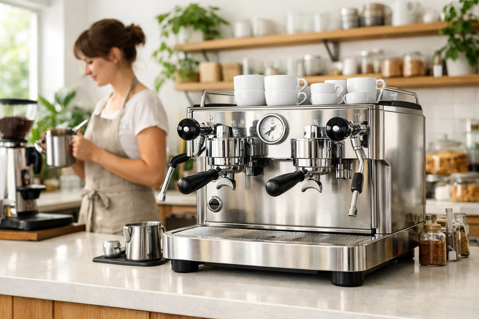 Professional stainless steel espresso machine in a sunlit boutique café, the heart of a coffee business.