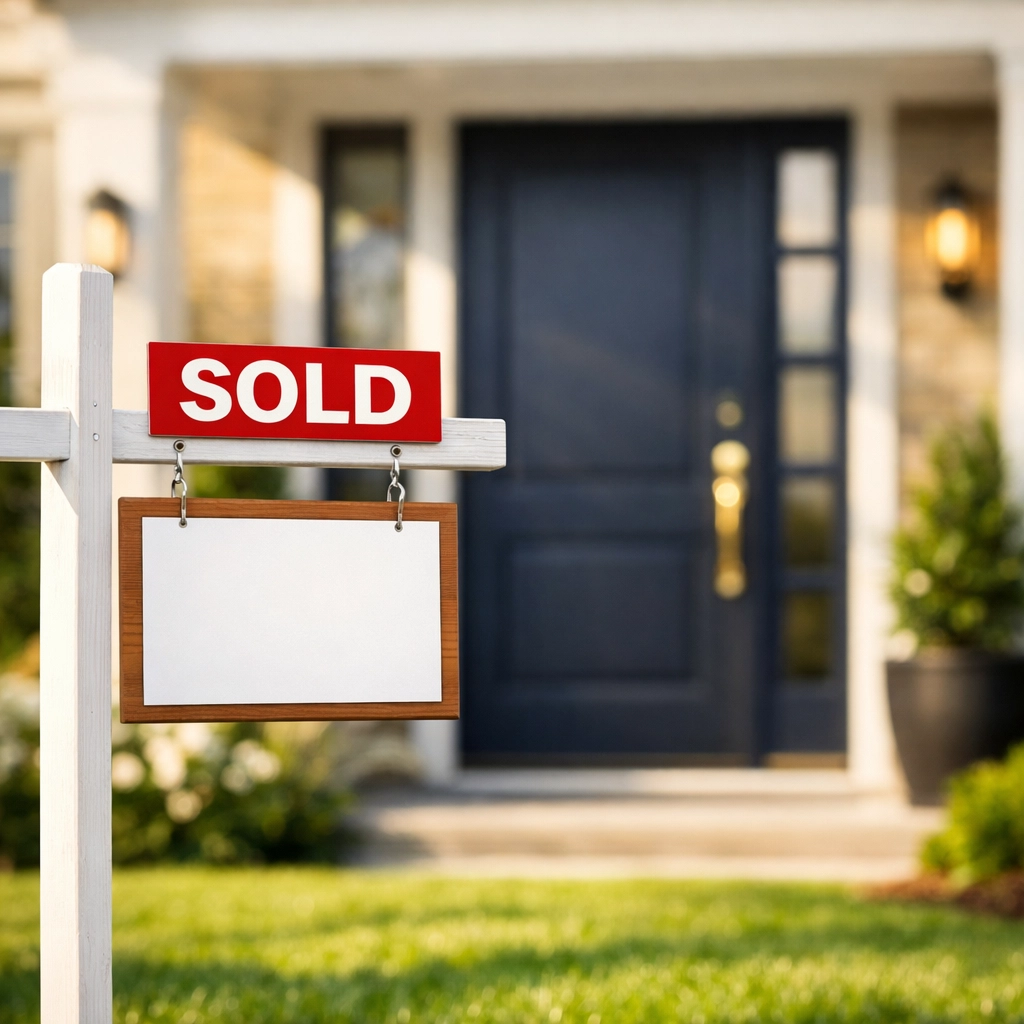 A sold sign in front of a modern High Point home, marking a successful closing for a new homeowner.