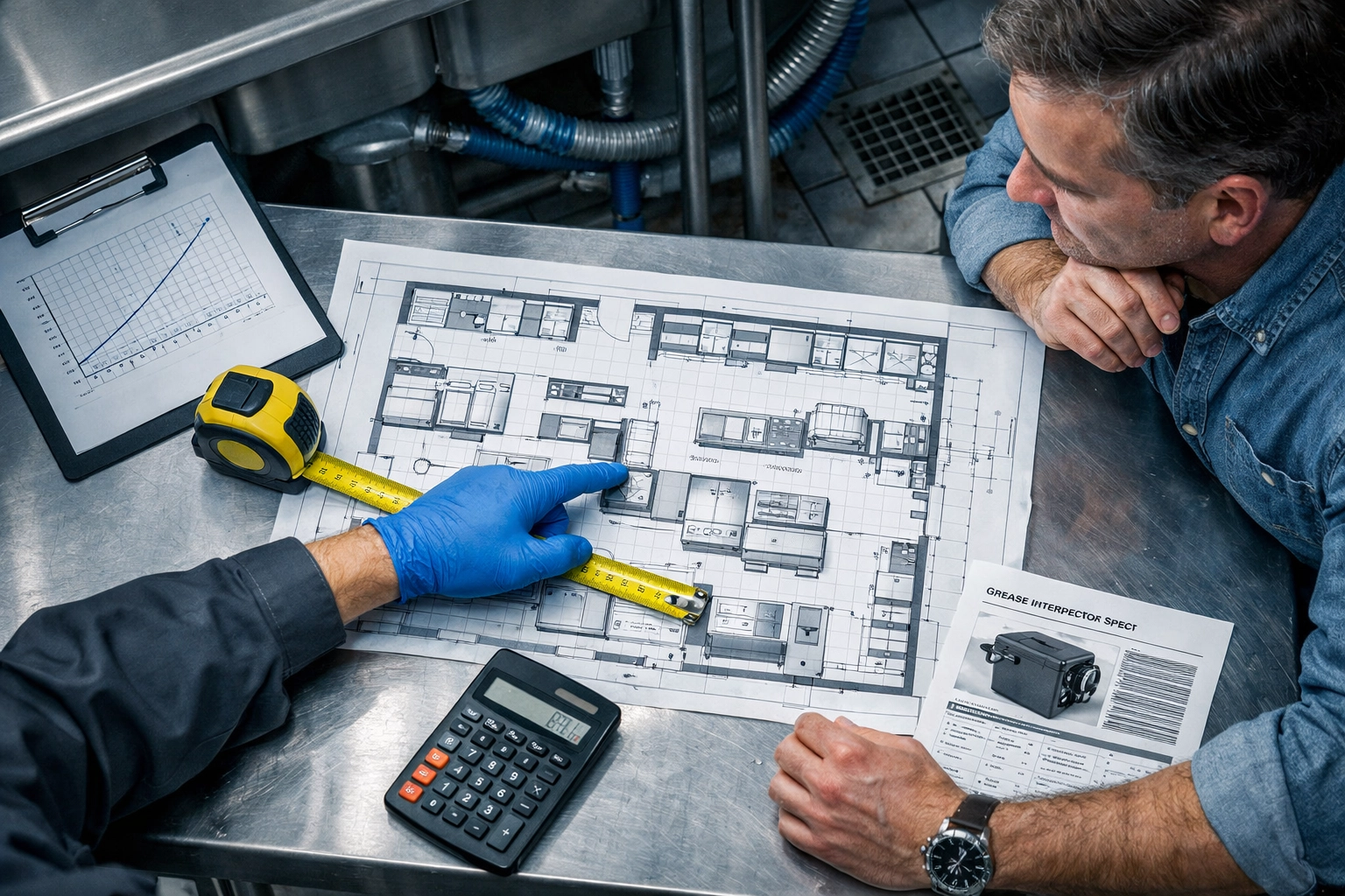 Technical tools and floor plans used to calculate proper grease trap sizing for a commercial kitchen.
