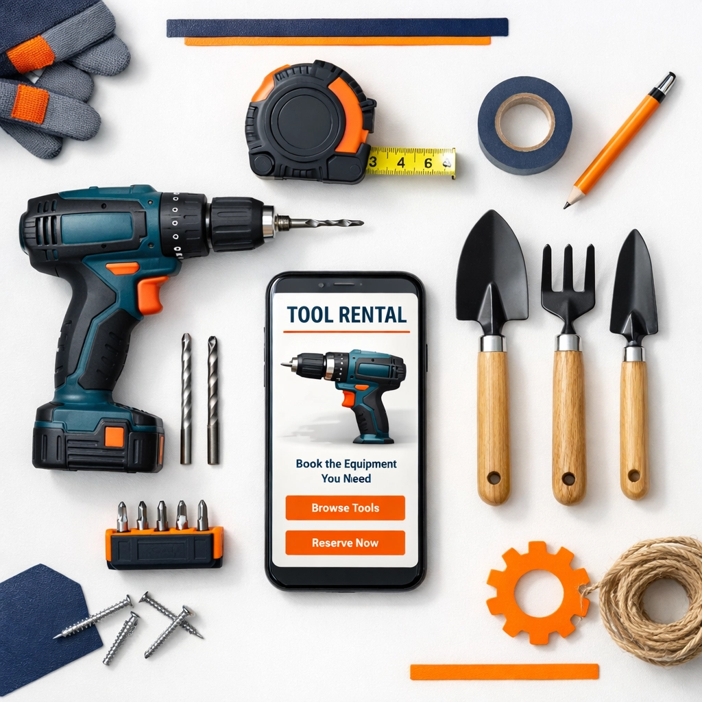 Home tools and equipment arranged with smartphone showing peer-to-peer rental app interface