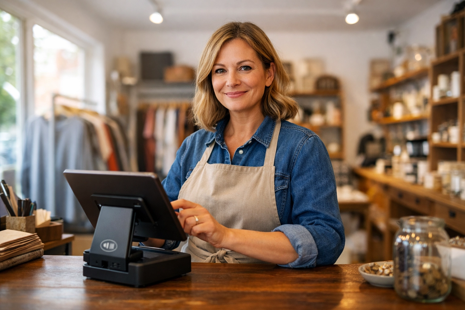 Independent retail shop owner using tablet POS system in boutique store