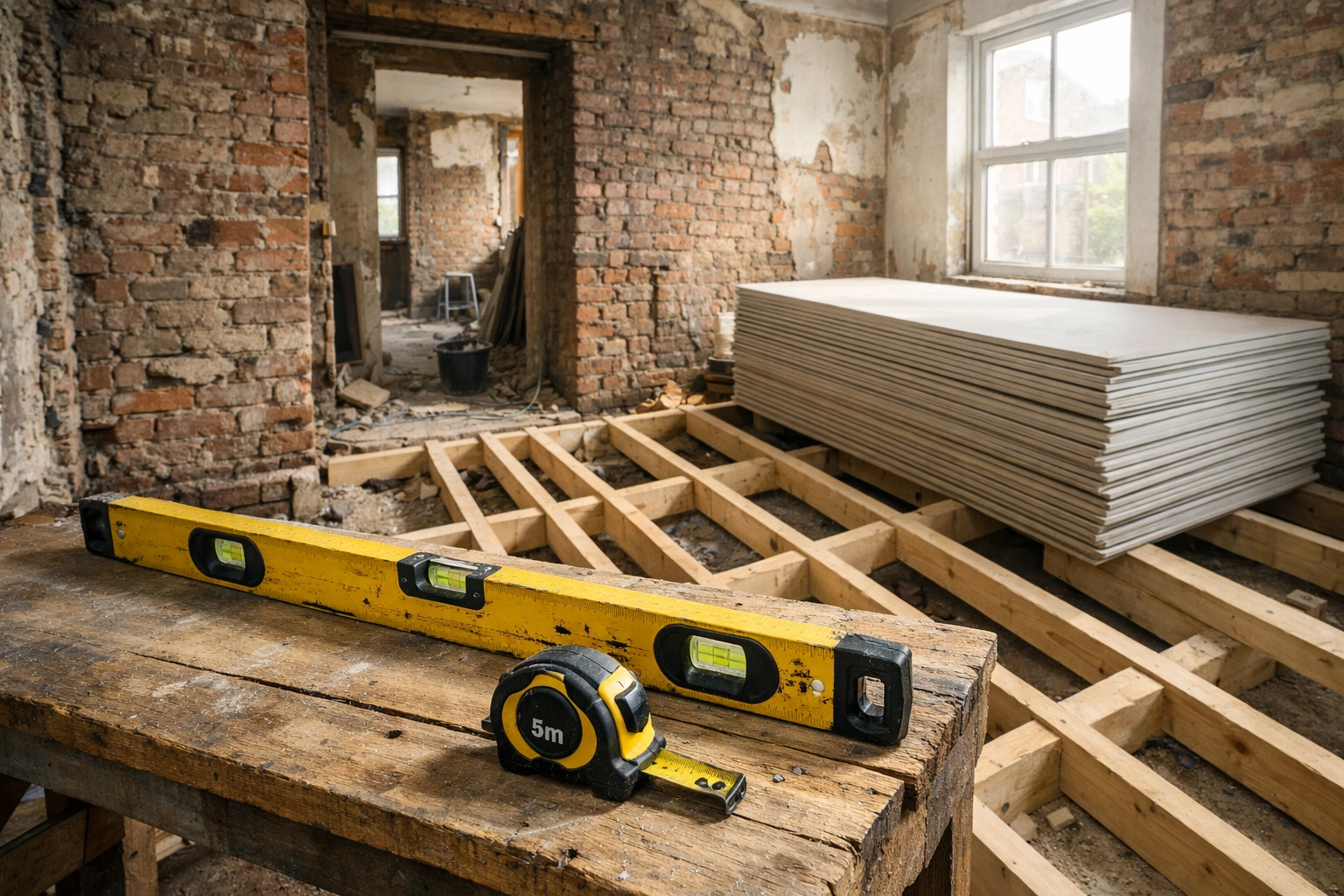 Victorian house interior during an HMO conversion renovation with tools and plasterboards.