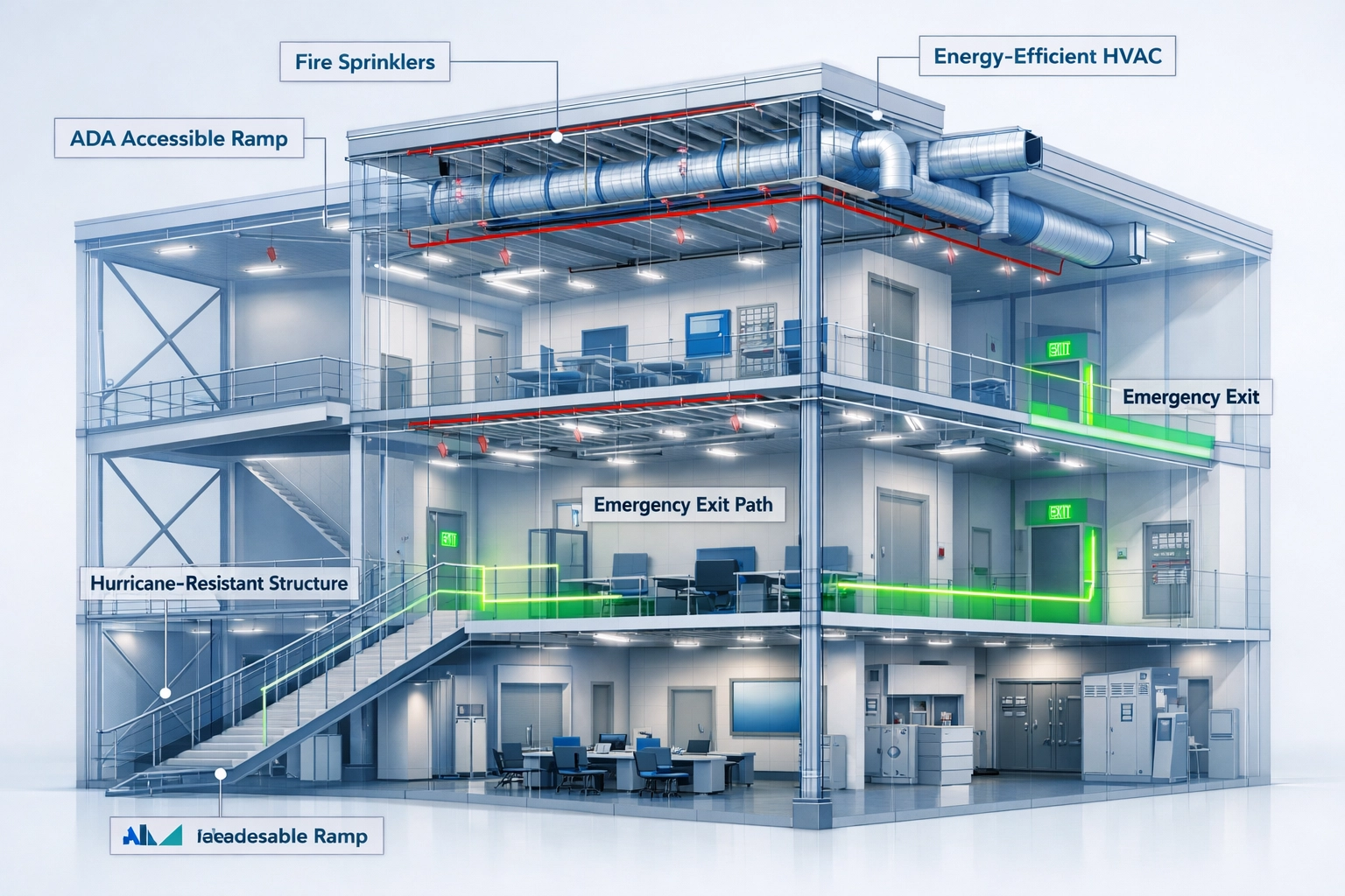 Commercial building interior showing code compliance features and safety systems