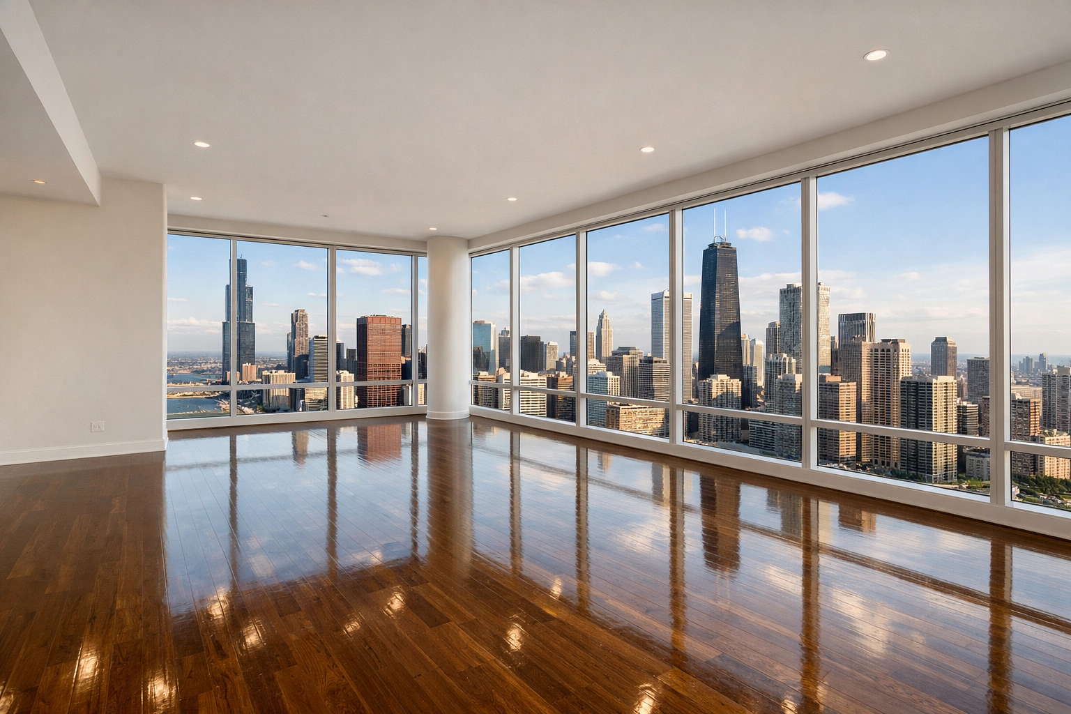 Clean, empty luxury apartment in Chicago with polished floors and skyline views, ready for tenant move-in.