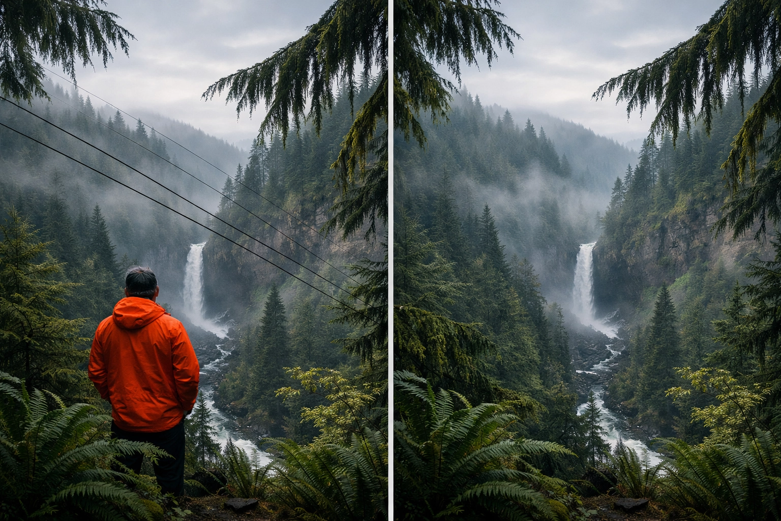 AI photo editing demonstrating seamless object removal from a misty forest landscape.