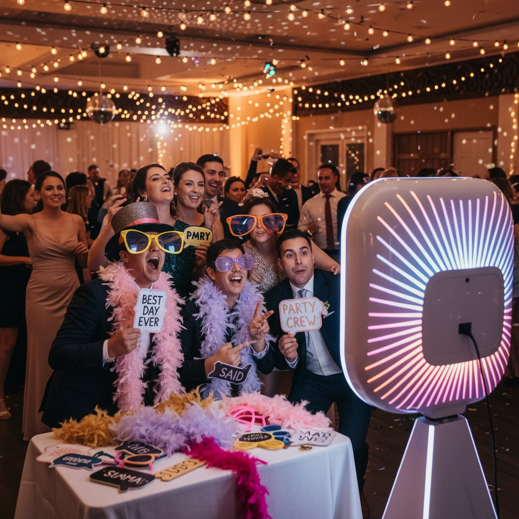 Guests in colorful hats and glasses pose for a photo booth at a festive party with string lights. Signs read "BEST DAY EVER" and "PARTY CREW."