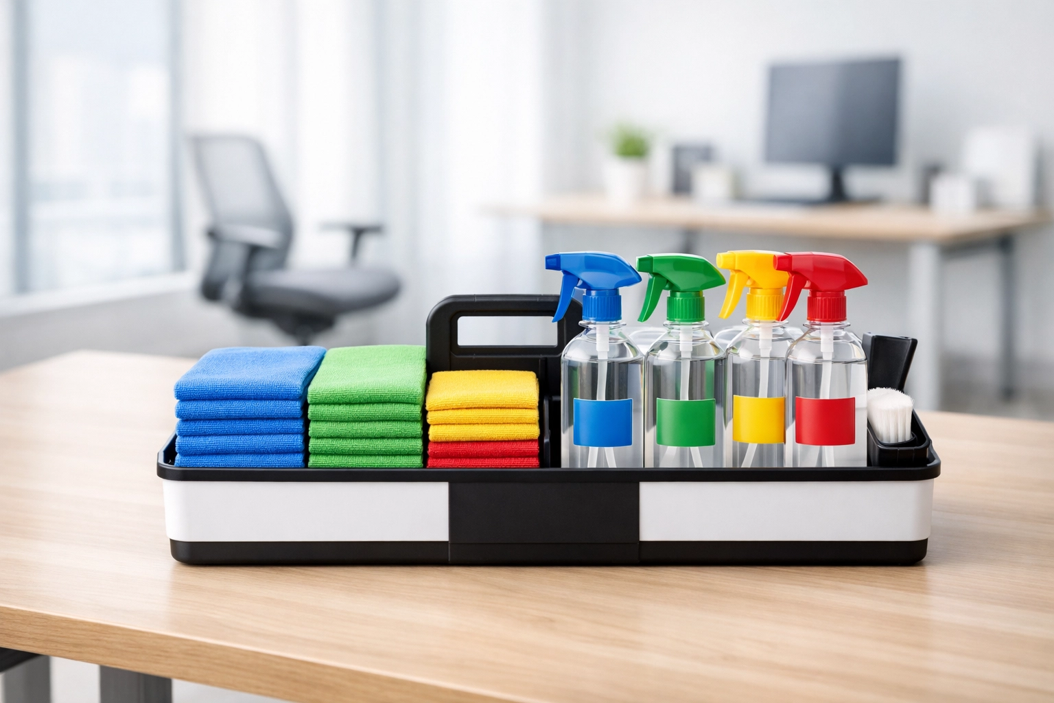 Professional janitorial cleaning kit and color-coded tools in a bright Detroit office workspace.