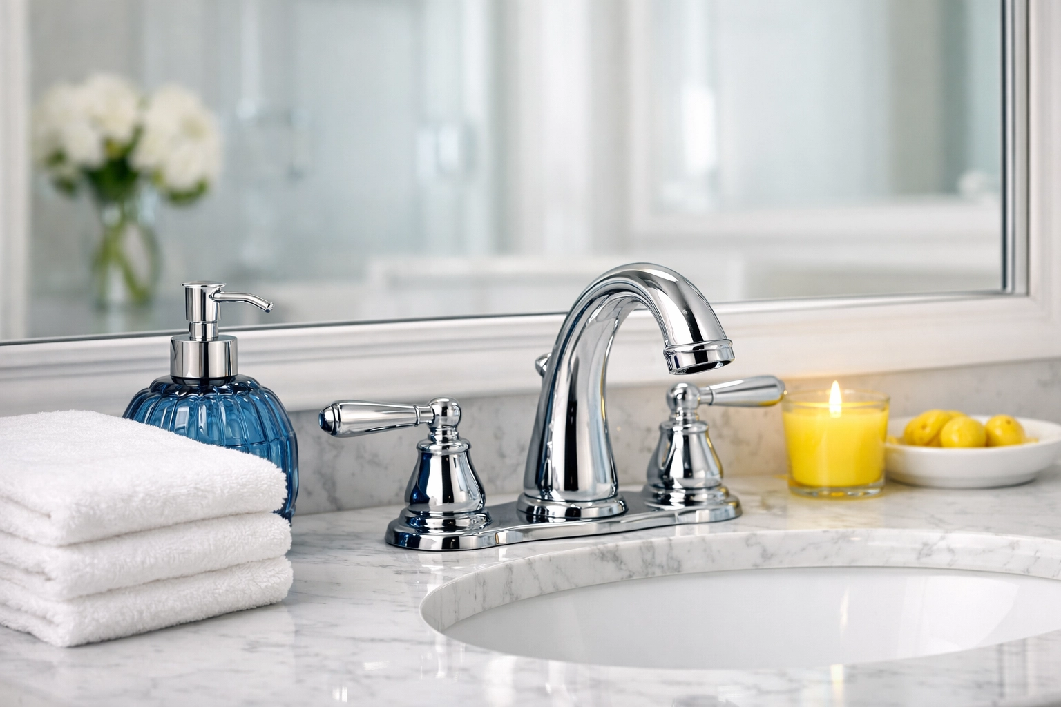 Pristine guest bathroom vanity with a sparkling chrome faucet and fresh white towels for a guest-ready home.