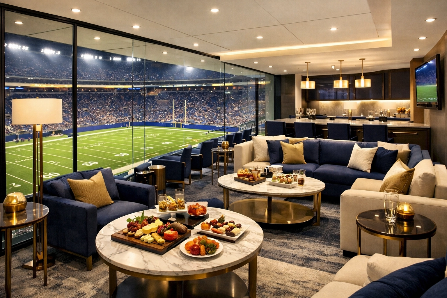 A luxury VIP hospitality suite at the stadium with gourmet catering for elite corporate networking.