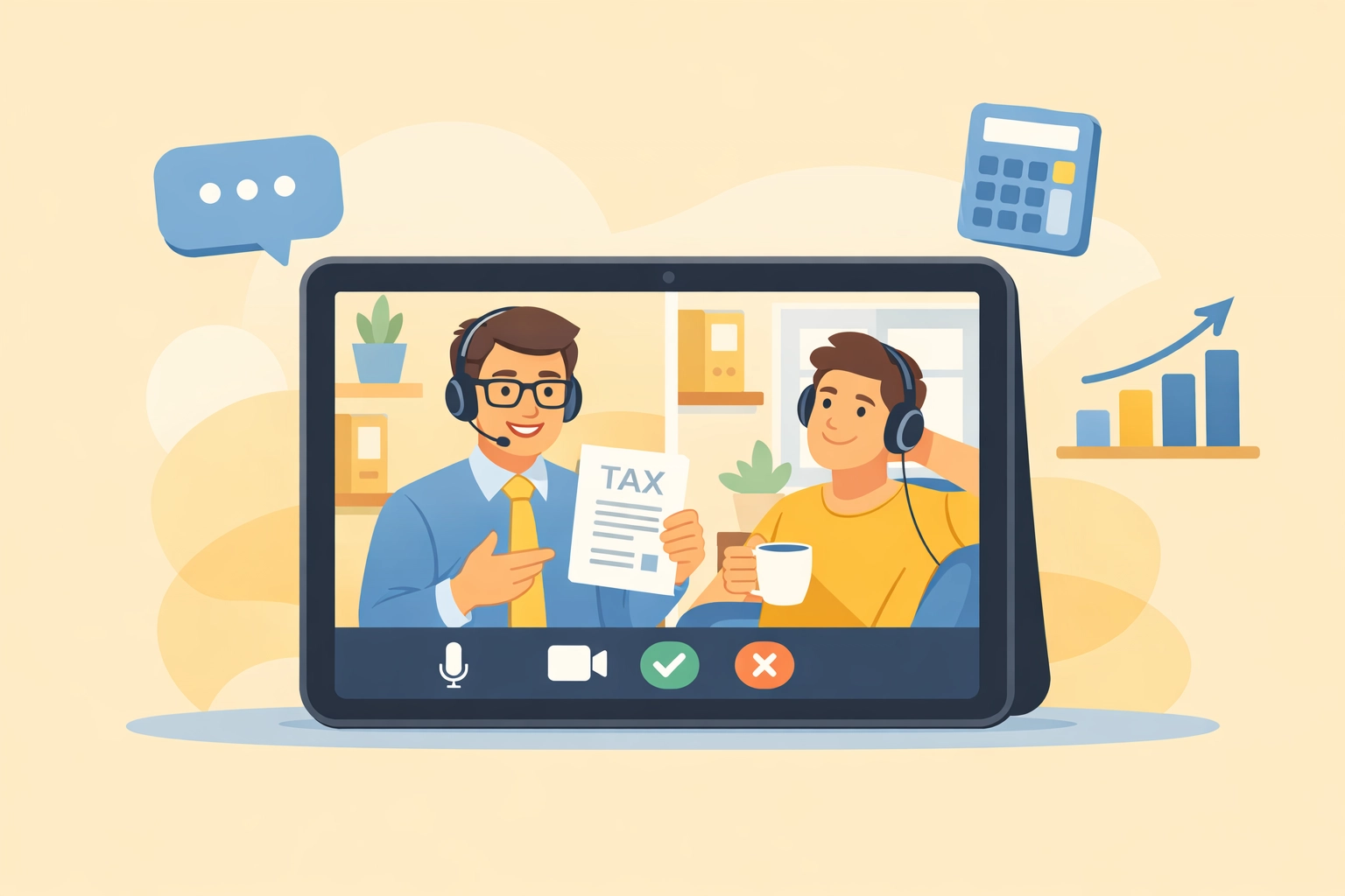 Remote tax advisor conducting a virtual consultation via tablet with a small business client at home.