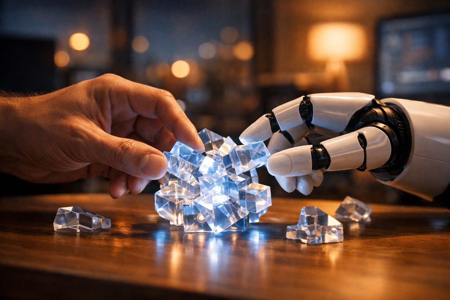 Human and AI robot collaborating on customer support tasks for better efficiency.