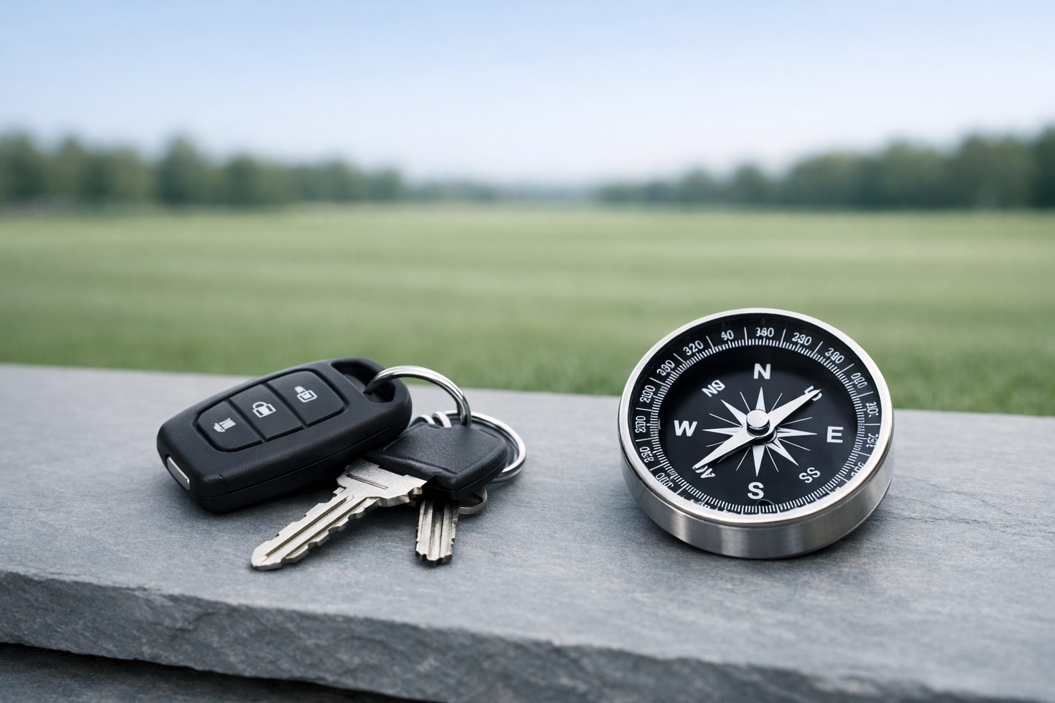 Truck keys and a compass symbolizing a prepared exit strategy for an Alabama home maintenance company.