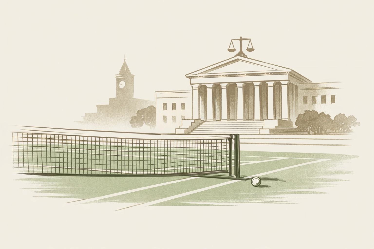 Tennis court and courthouse representing transgender athlete legal fight in 1977