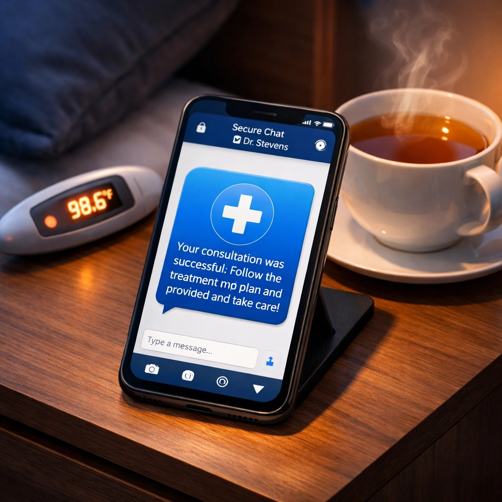 Using a smartphone for online urgent care to treat cold and flu symptoms from home with secure medical messaging.