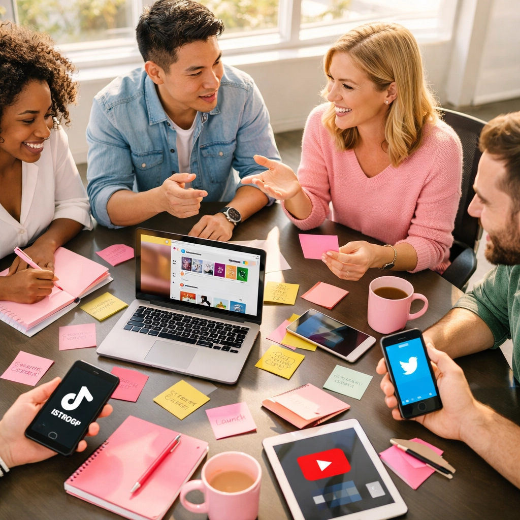 Team collaborating on social media strategy with laptops and mobile devices at modern office
