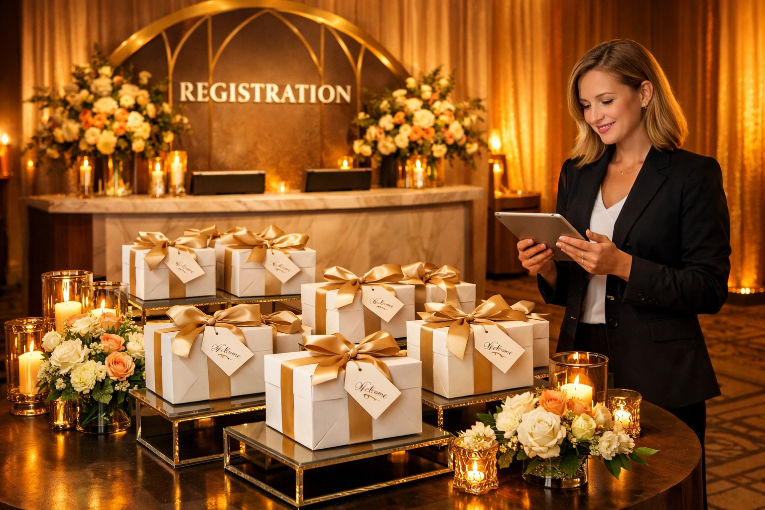 Corporate hospitality welcome lounge with event coordinator managing Super Bowl guest experience