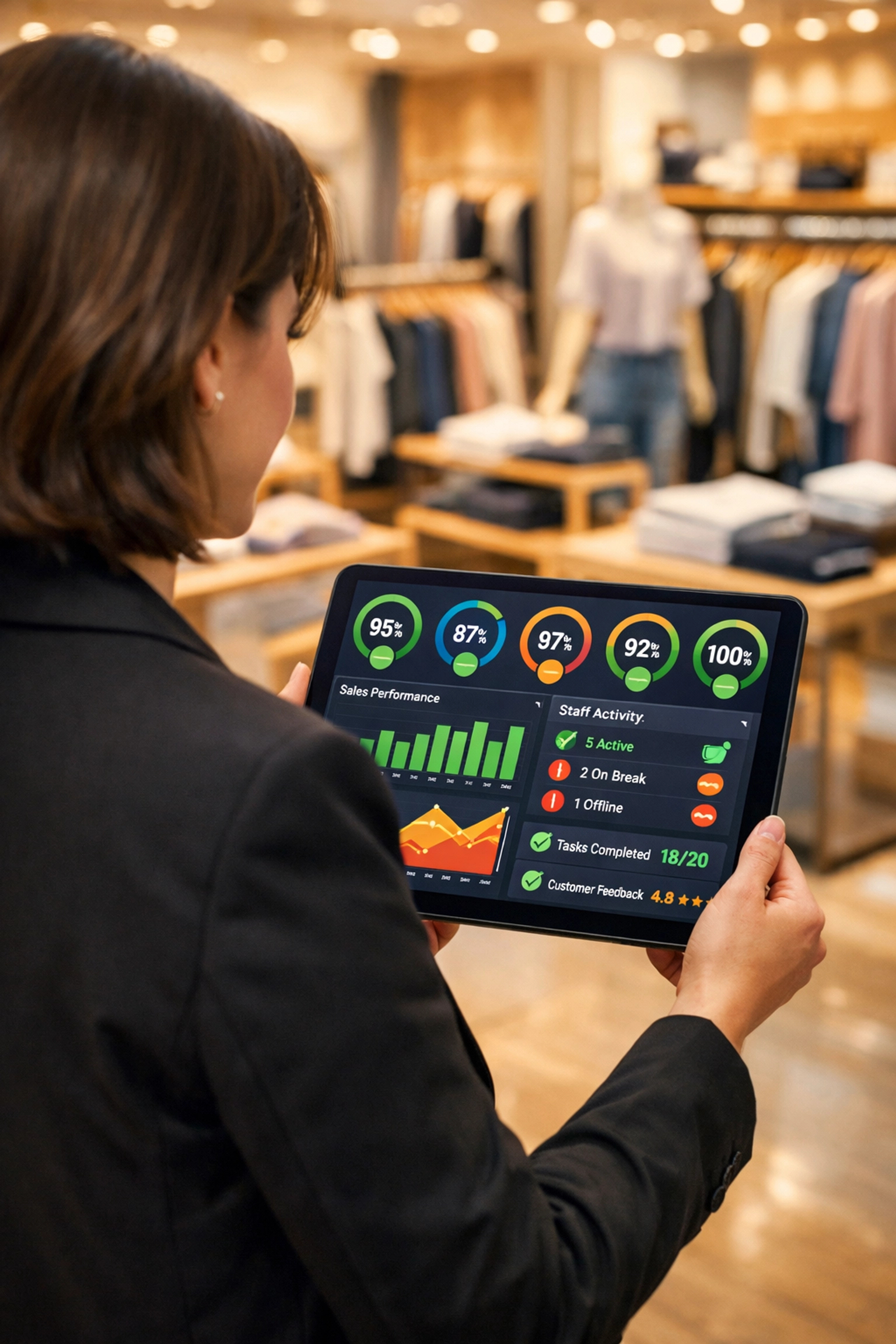 Retail manager tracking employee onboarding progress on a real-time software dashboard.
