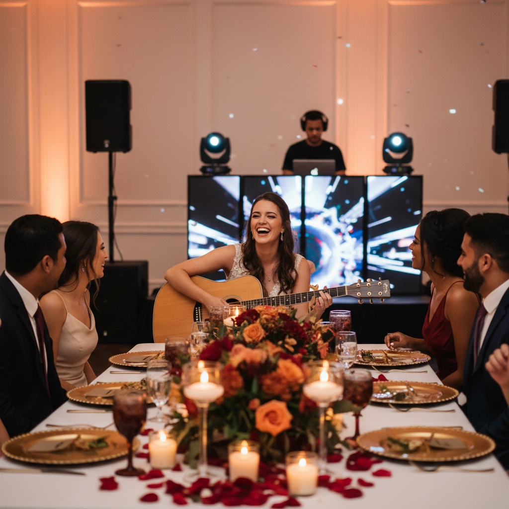 Woman joyfully plays guitar at a festive dinner with friends. DJ and colorful lights in the background. Decor includes roses and candles.