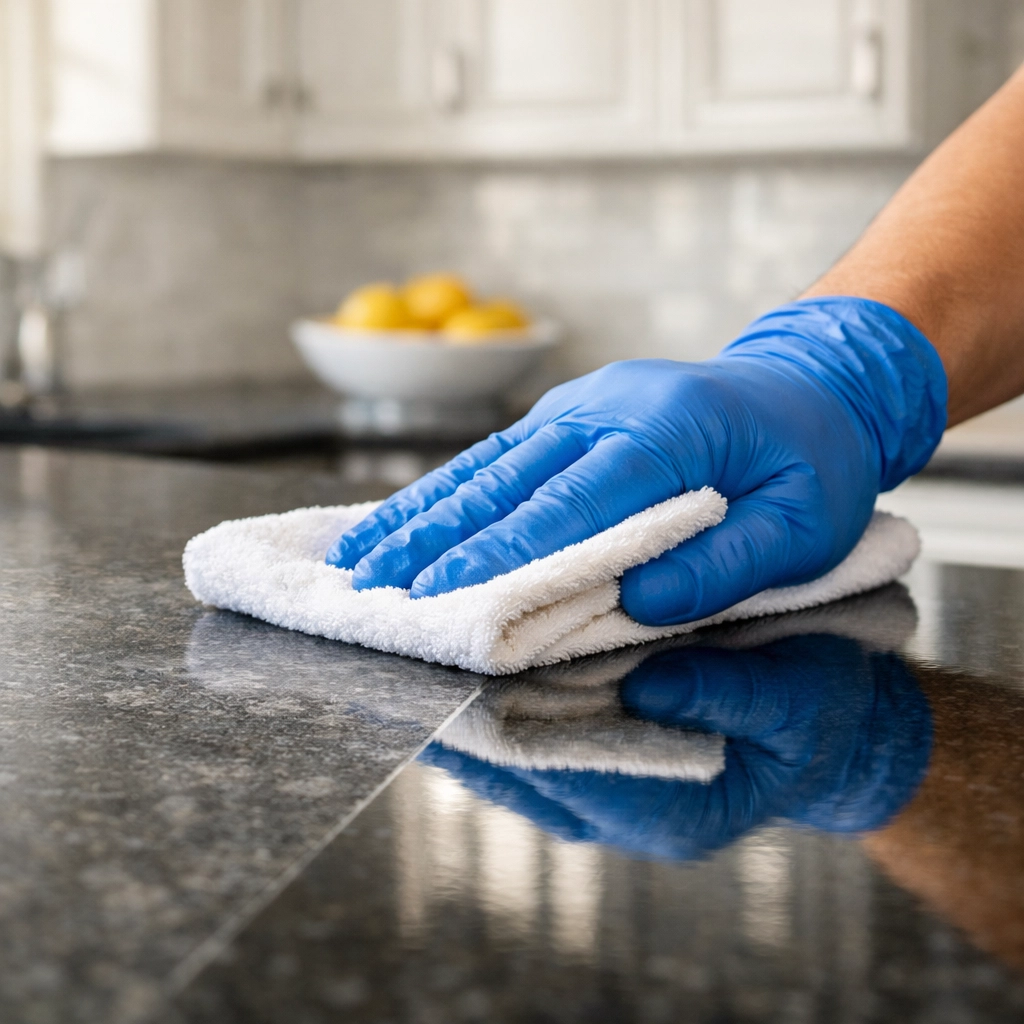Professional cleaner polishing a granite countertop for high-quality house cleaning in West Boylston MA.