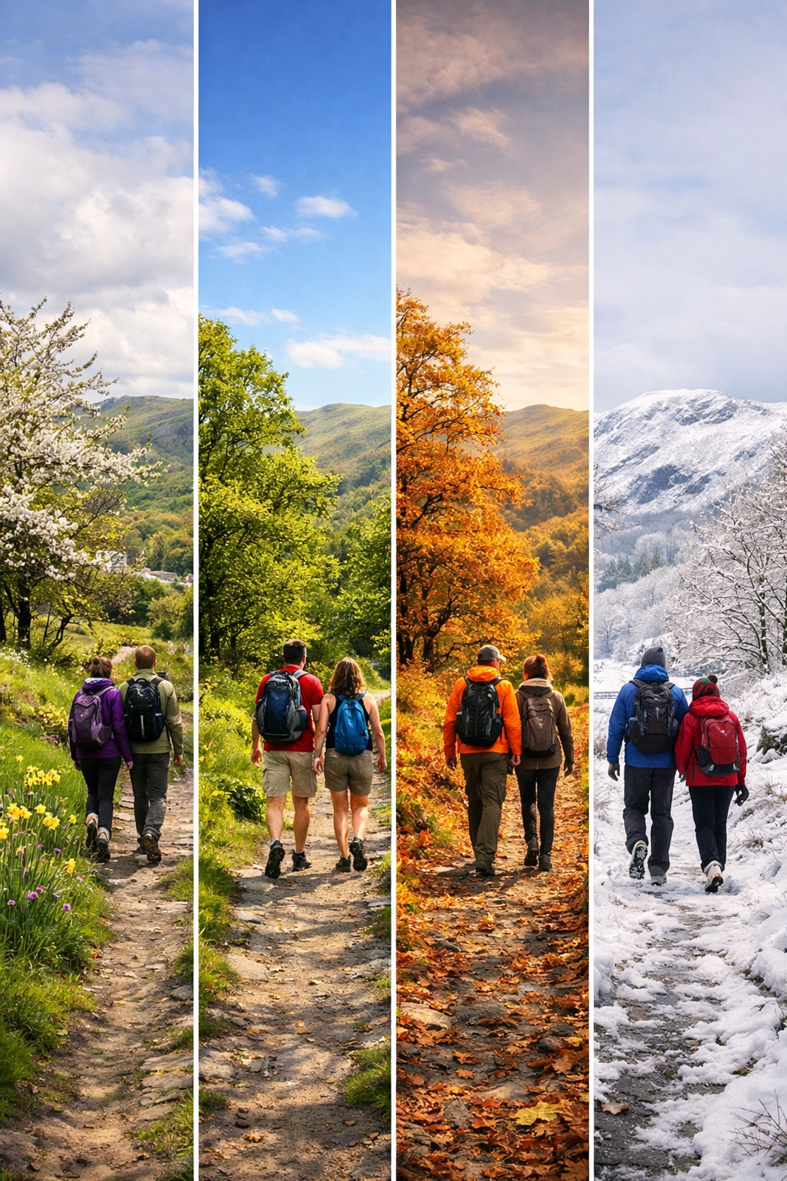 Lake District hiking trail through four seasons showing spring, summer, autumn and winter conditions