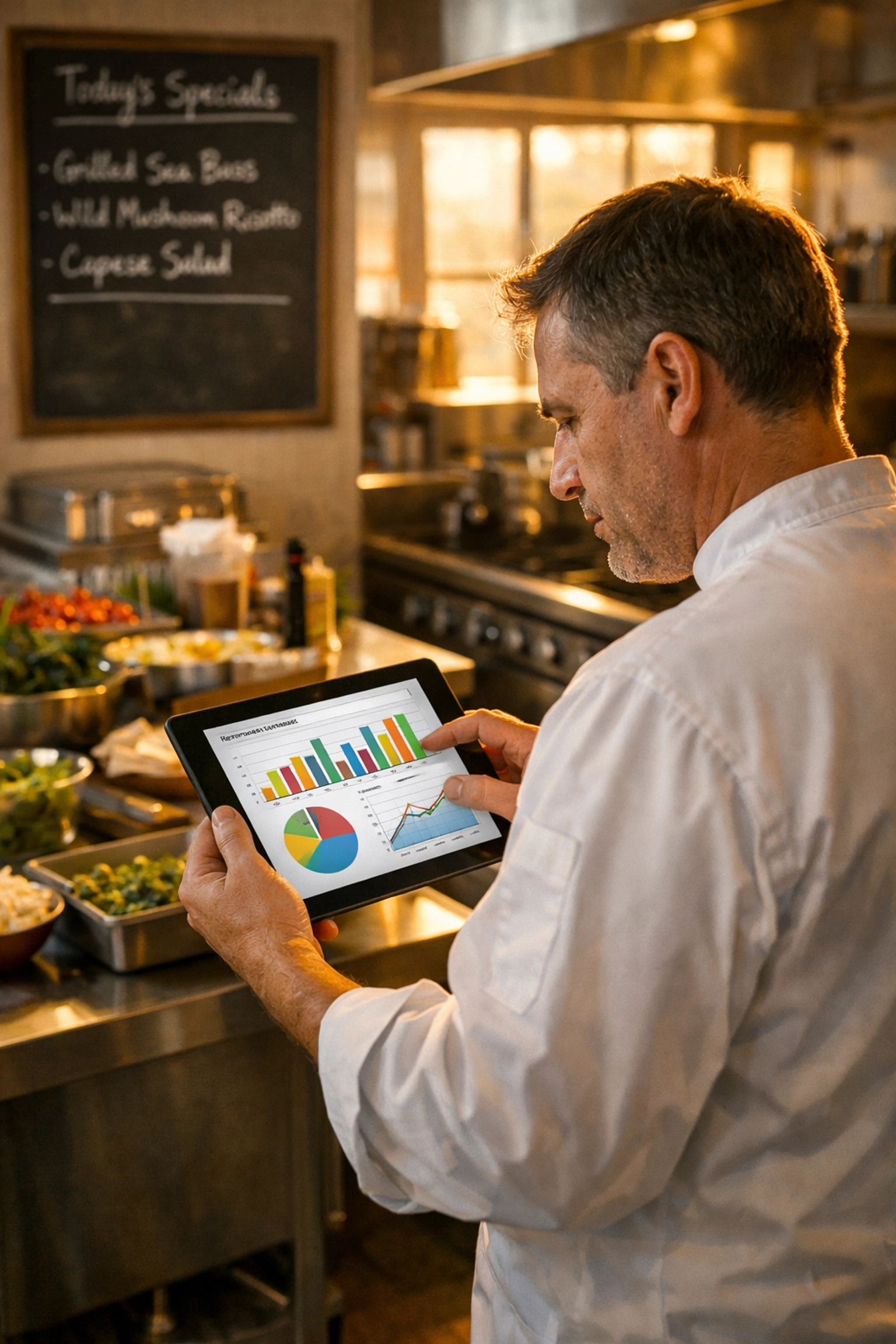 Restaurant owner analyzing menu pricing data on tablet in commercial kitchen