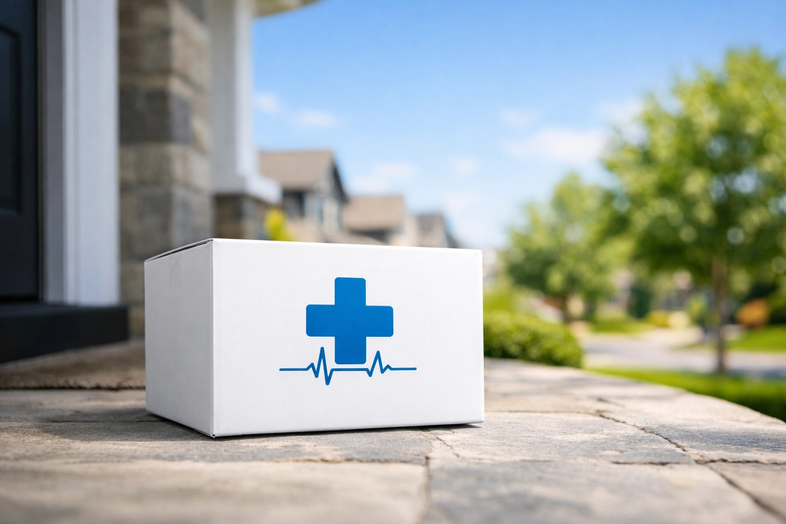 A medical weight loss prescription delivery box on a home porch, representing nationwide access.