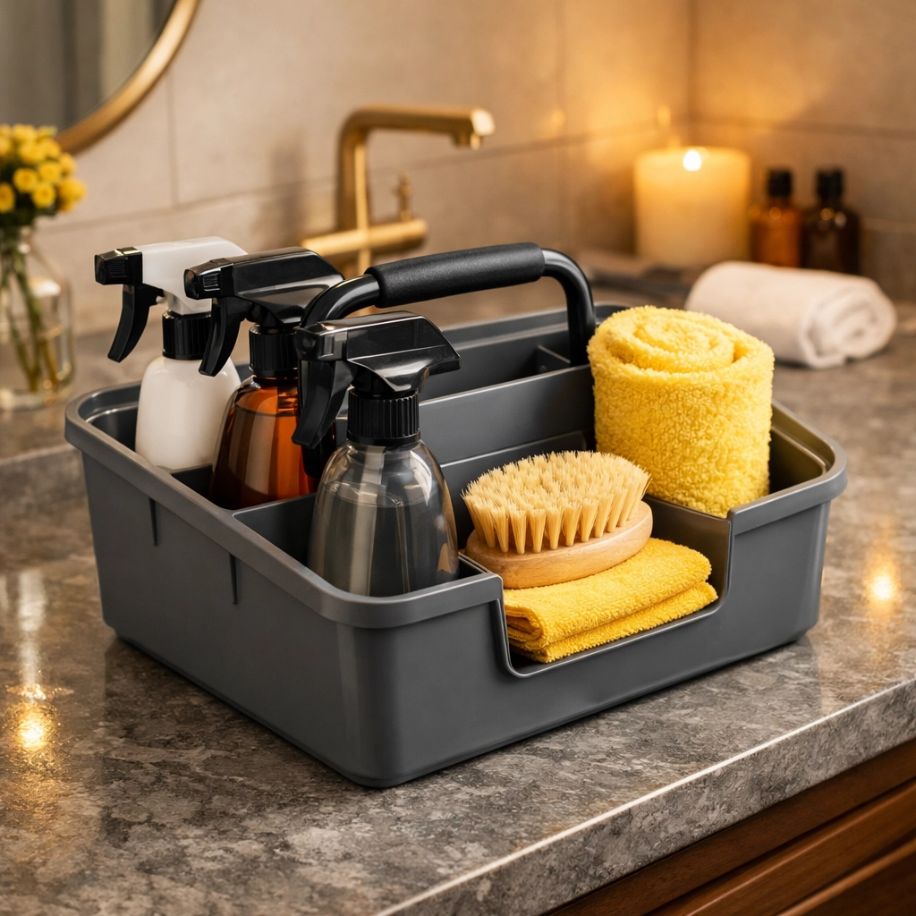 Efficient cleaning caddy setup on a bathroom vanity with spray bottles and detailing tools.