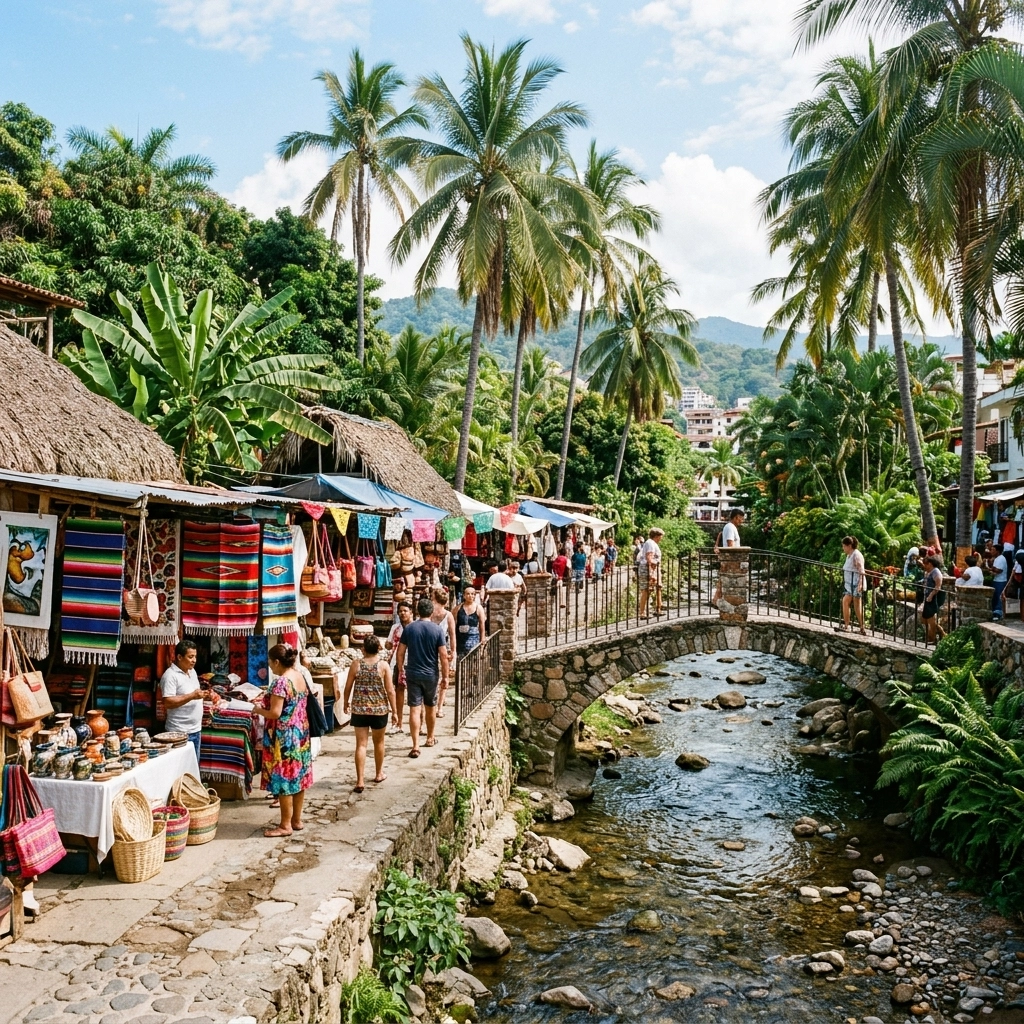 A lush green tropical scene at Isla del Rio Cuale with a stone bridge and colorful market stalls.