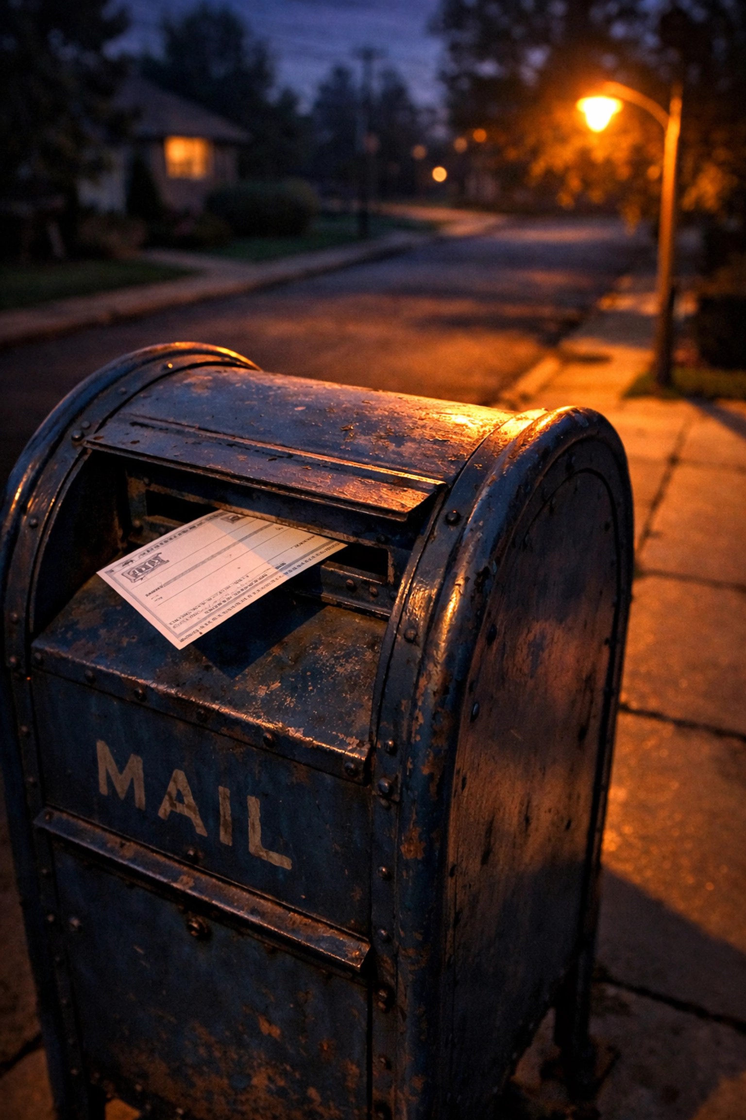 A paper check left in a residential mailbox, highlighting the high risk of fraud and mail theft.