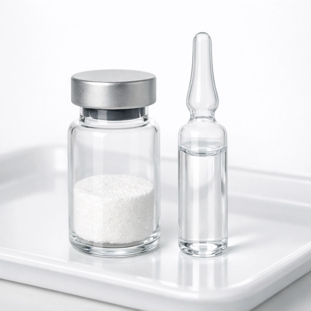 Lyophilized research peptide vial with sterile liquid ampoule for laboratory reconstitution.