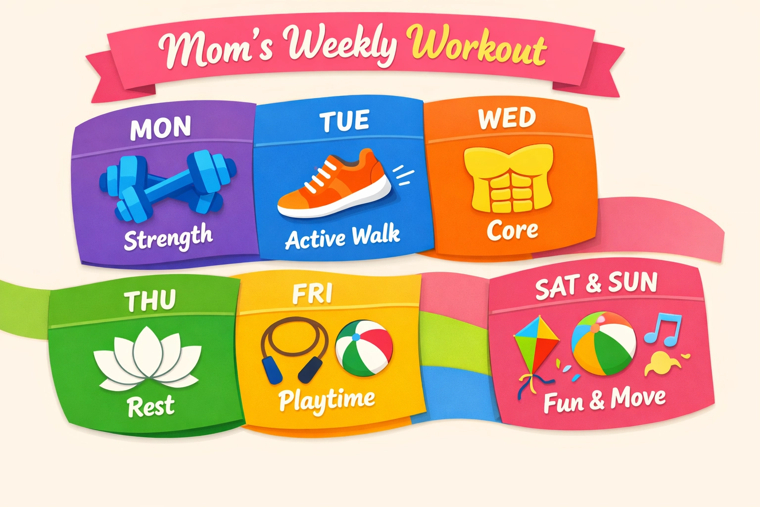 Weekly home workout schedule for busy moms showing strength, recovery and rest days