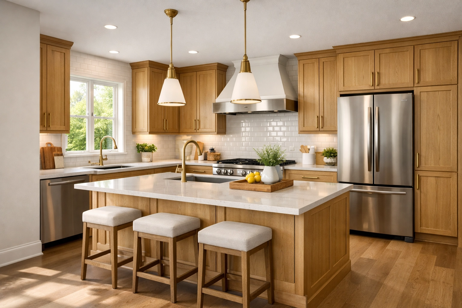 Transitional kitchen remodeling Orlando featuring white oak cabinets and quartz countertops