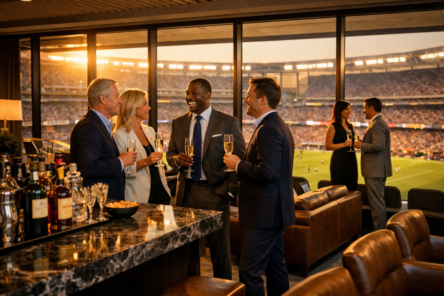 Corporate hospitality suite at Super Bowl stadium with executives networking over champagne