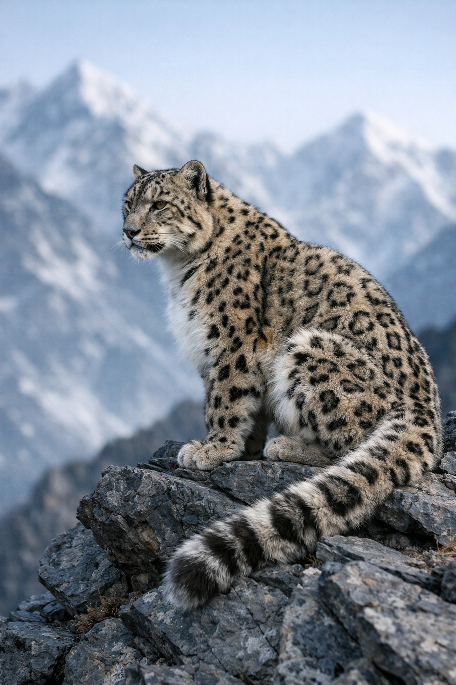 Majestic adult snow leopard in a natural mountain setting, illustrating authentic wildlife photography for campaigns.