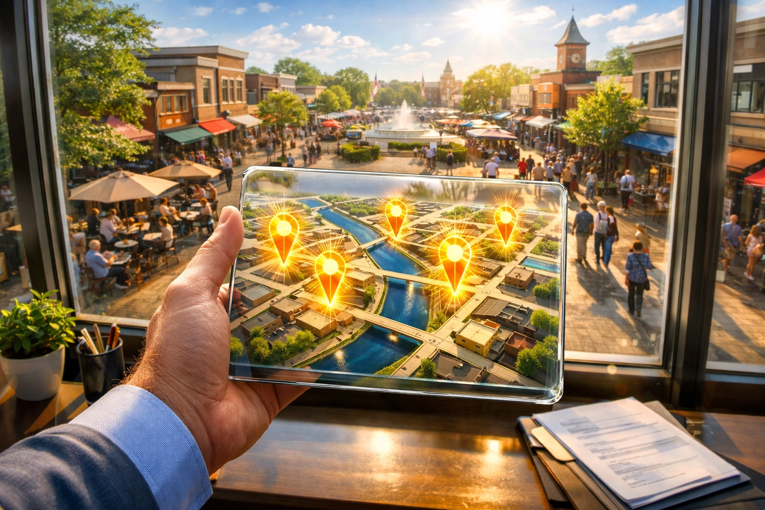 A business owner using local SEO services on a tablet to track success in a busy town square.