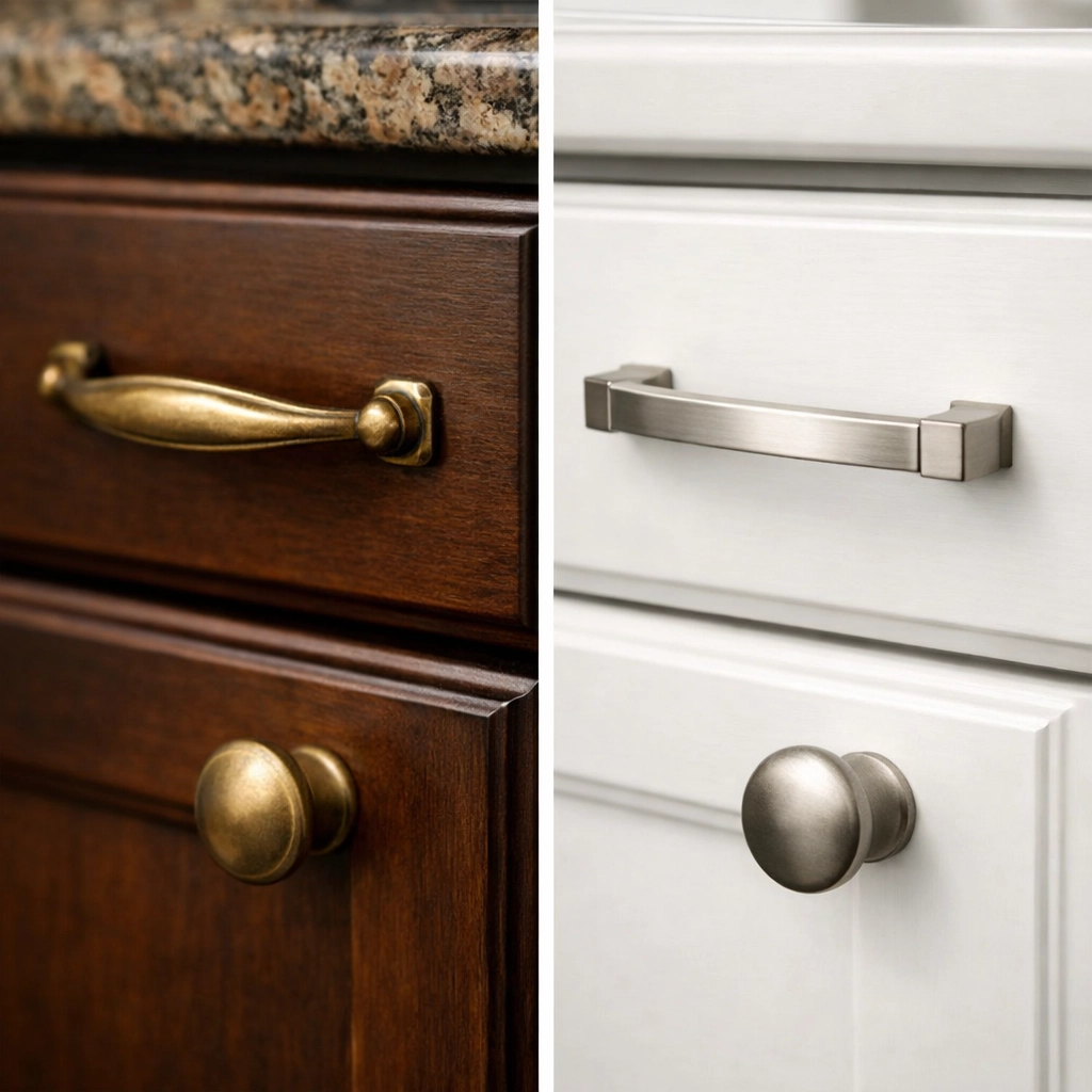 Kitchen cabinet hardware upgrade before and after with painted white cabinets and brushed nickel pulls
