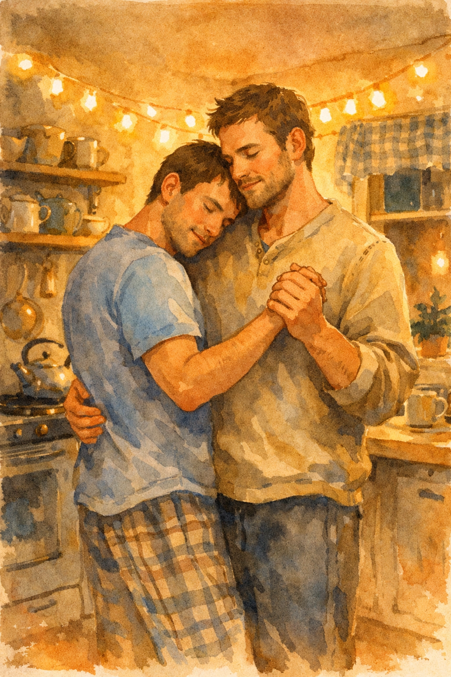 Gay couple slow dancing in kitchen, tender moment of trust and connection