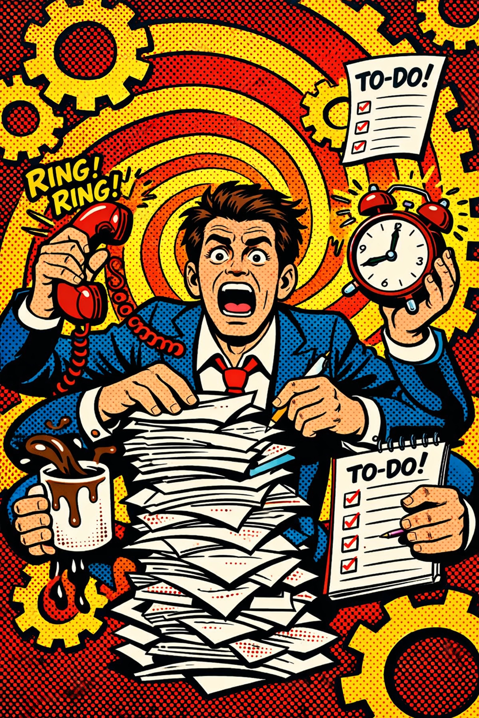 Frantic small business owner juggling manual tasks, illustrating why businesses need workflow automation.