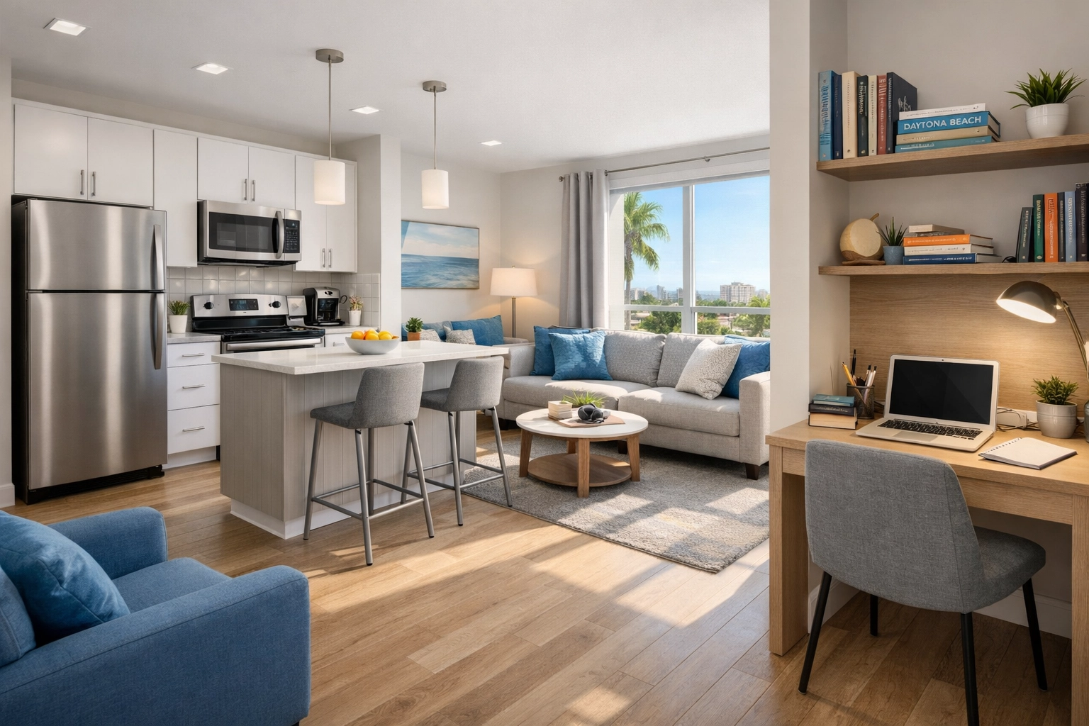 Modern student apartment interior in Daytona Beach with open kitchen and study area