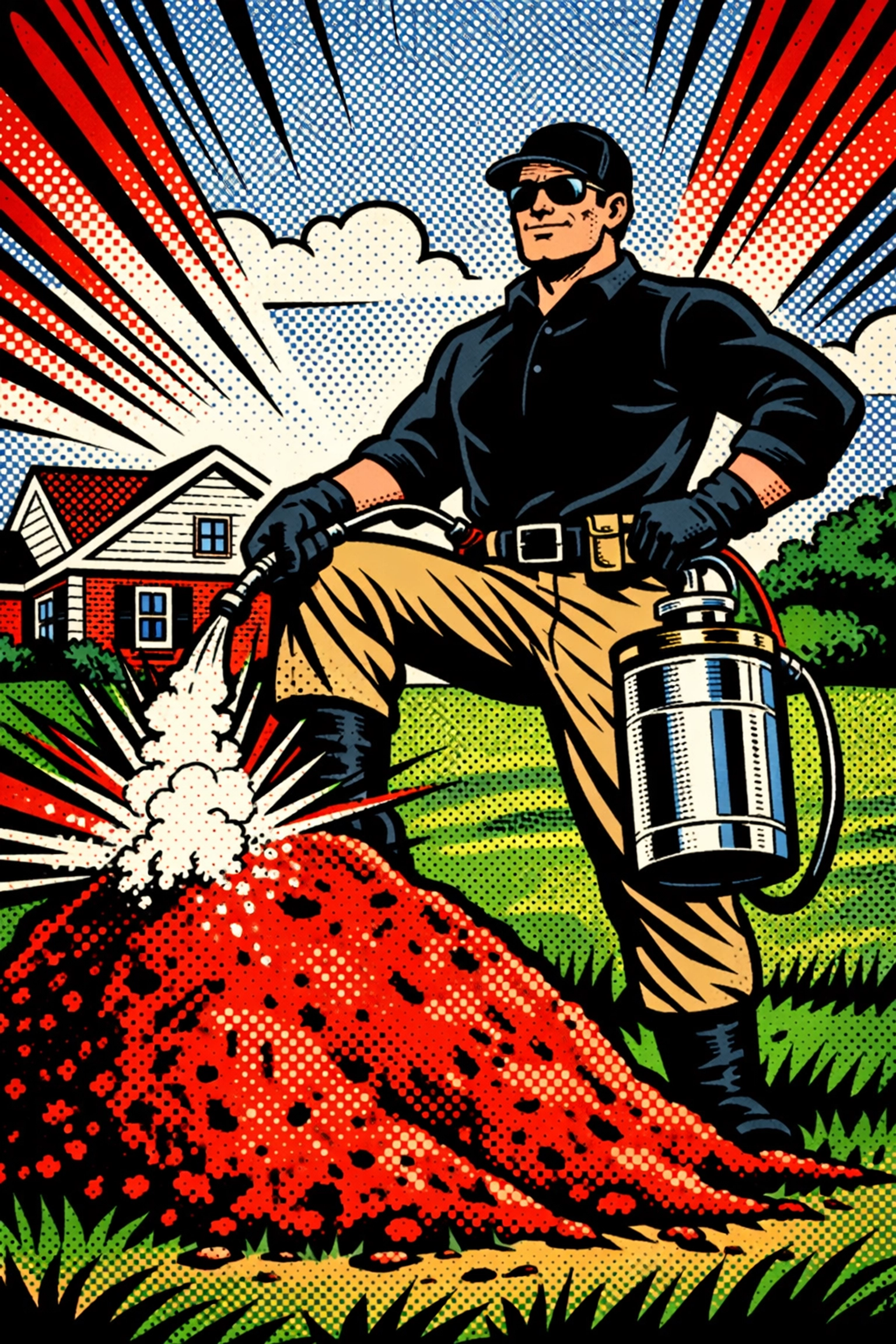 Pest control technician treating fire ant mound in Jasper Alabama residential yard