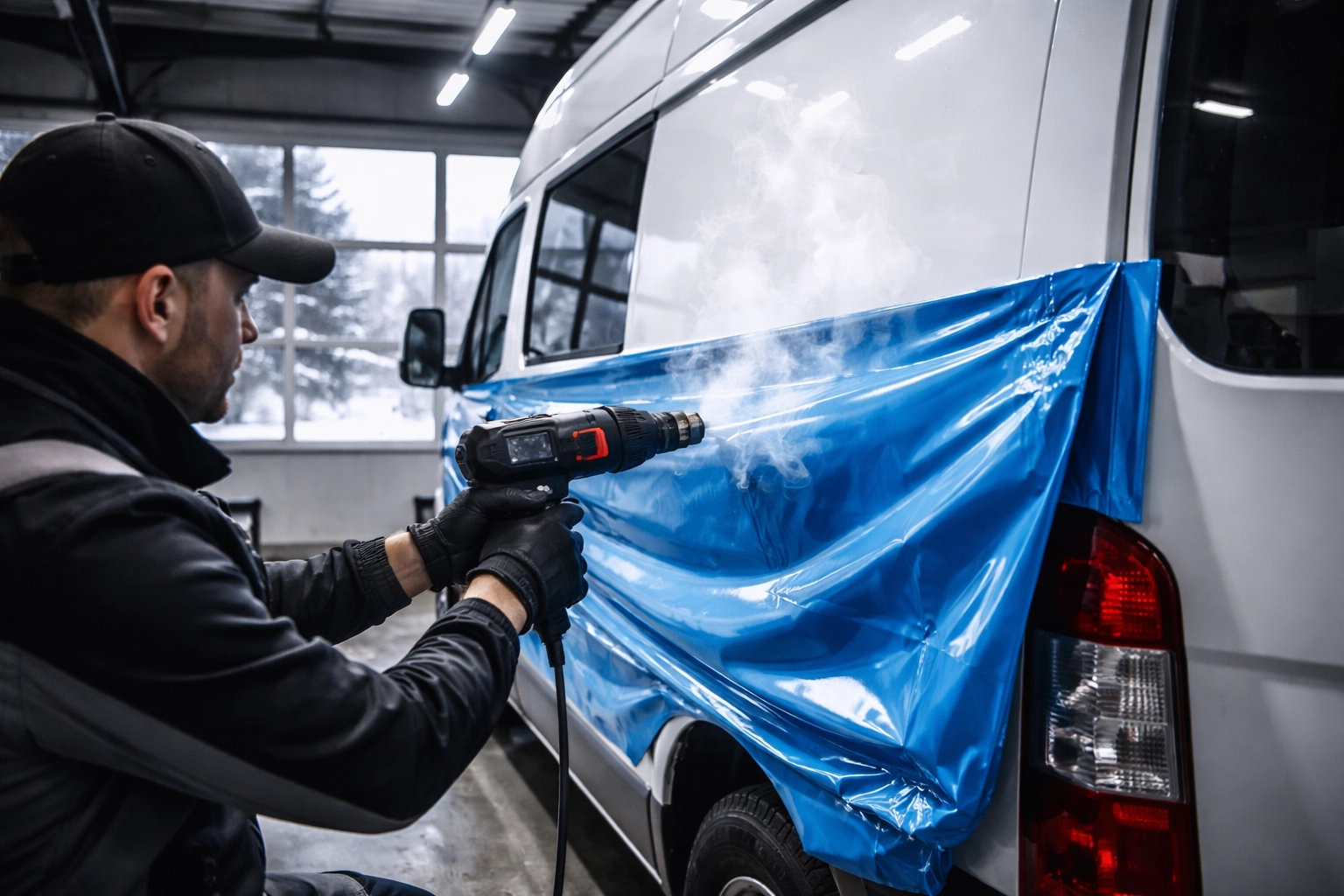 Technician applies blue vinyl wrap to commercial van in heated Albany NY garage during winter for durable vehicle wraps.