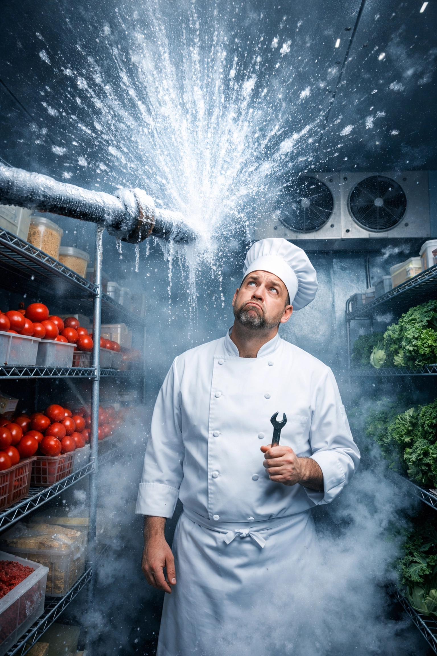 A chef facing a burst freezer pipe, symbolizing unexpected restaurant equipment maintenance and repair costs.