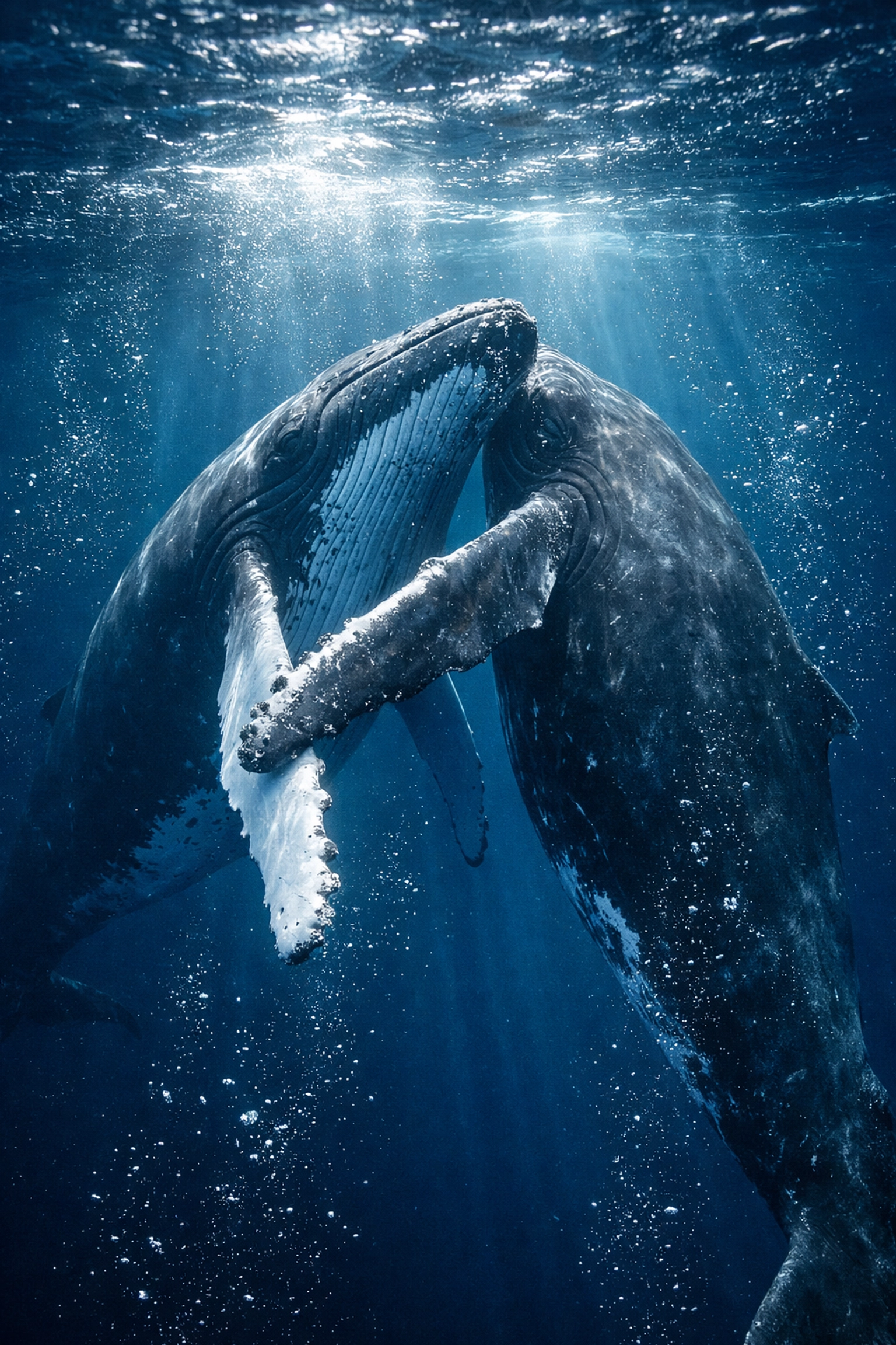 Two male humpback whales touching fins while swimming together in a display of same-sex bonding.