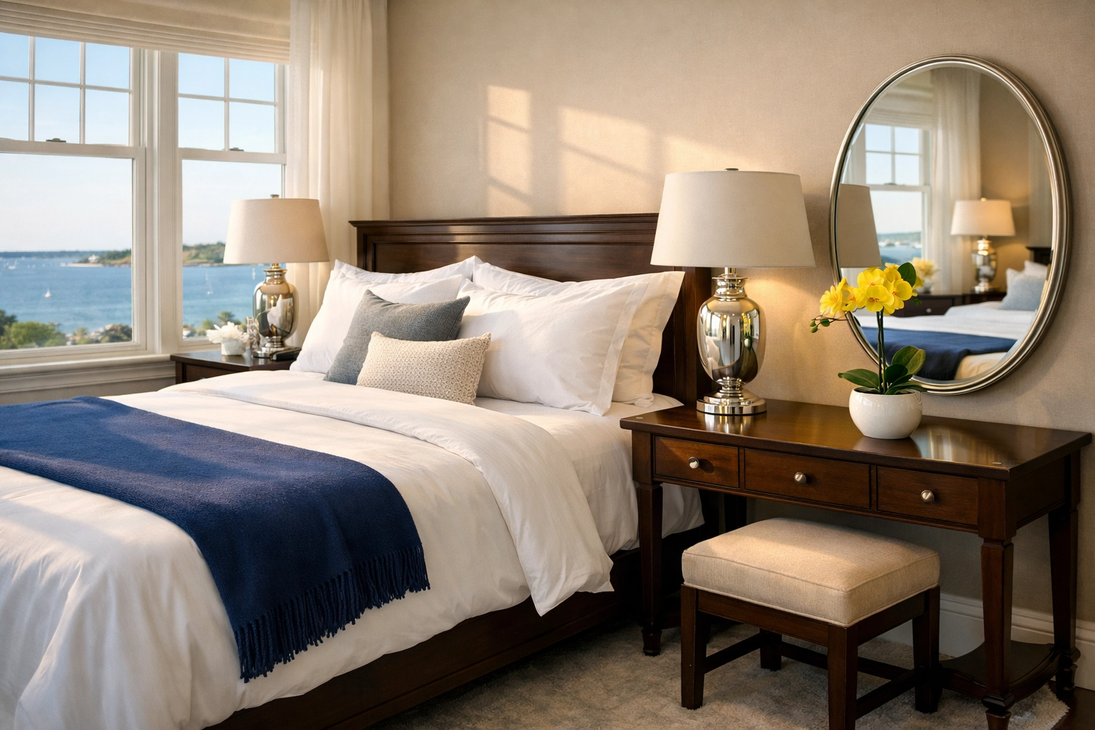 A serene, dust-free Hingham luxury bedroom sanctuary, the final result of Hingham Luxury Cleaning Secrets.