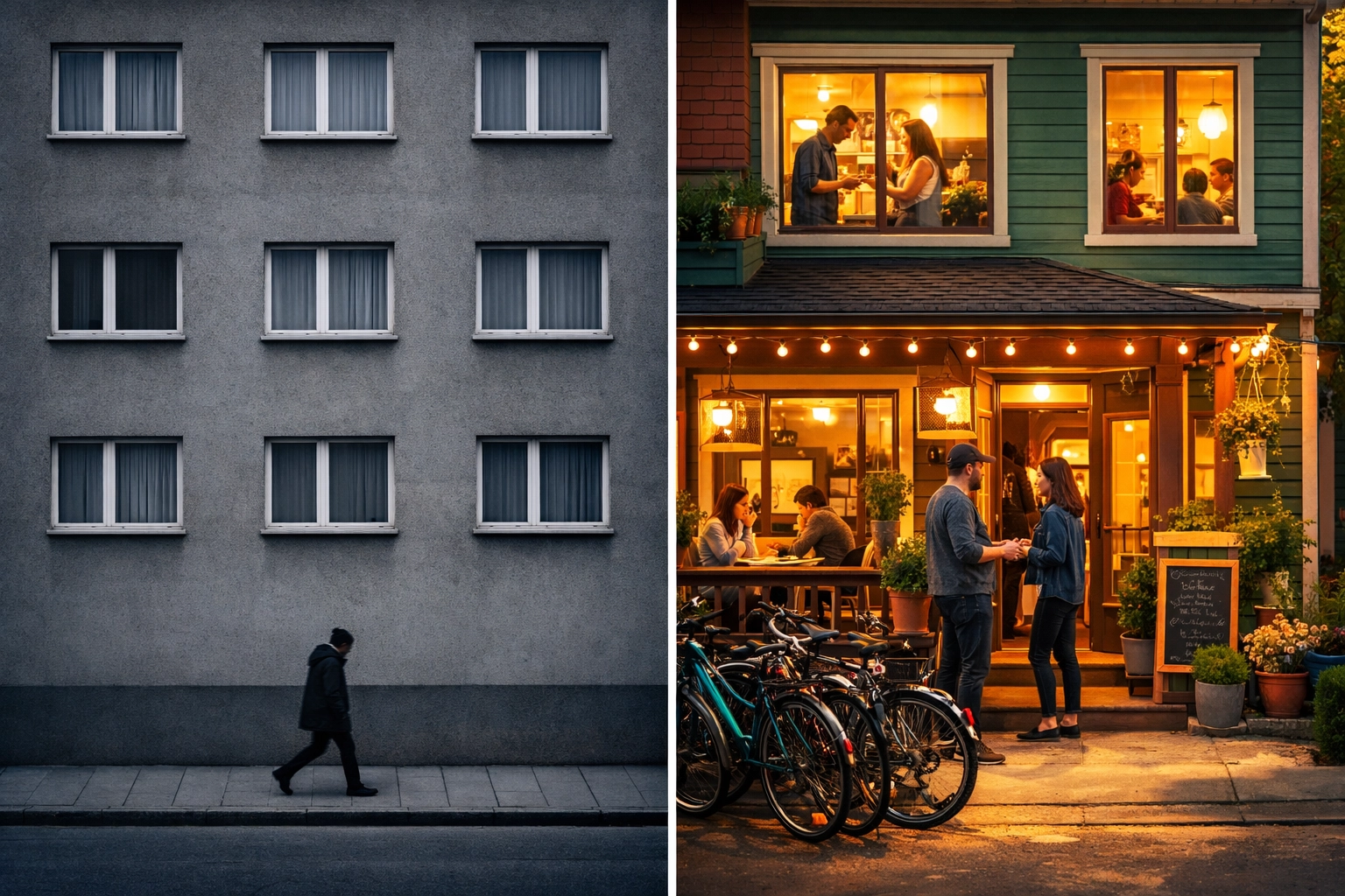 Traditional apartment building compared to welcoming co-living home entrance