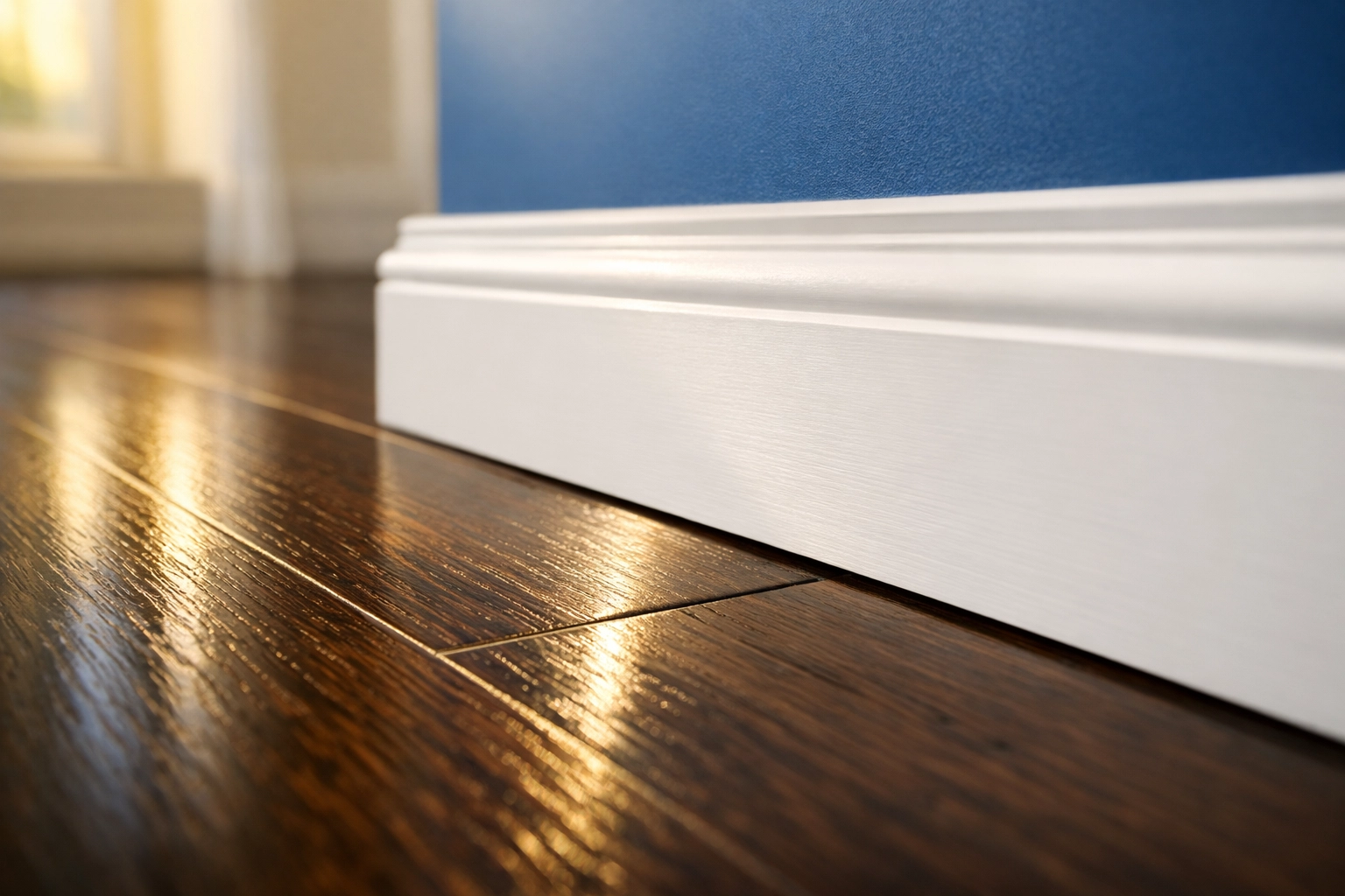 Detailed apartment cleaning in Boston showing dust-free white baseboards and polished hardwood floors.