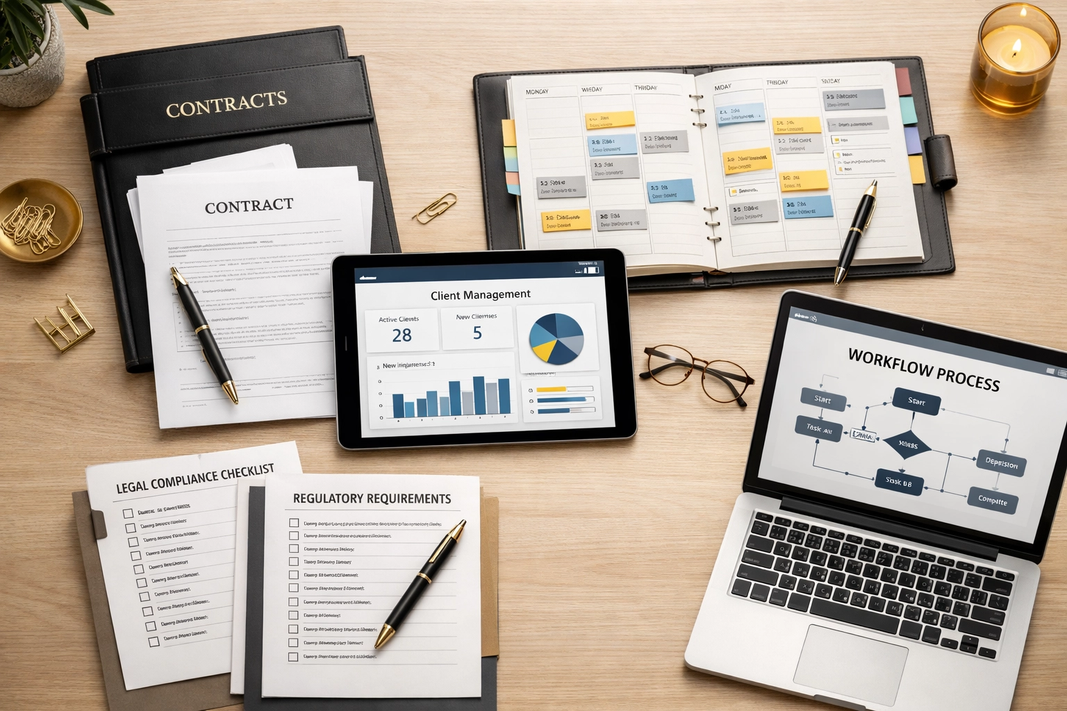 Organized matchmaking business systems including contracts and compliance documents on professional desk