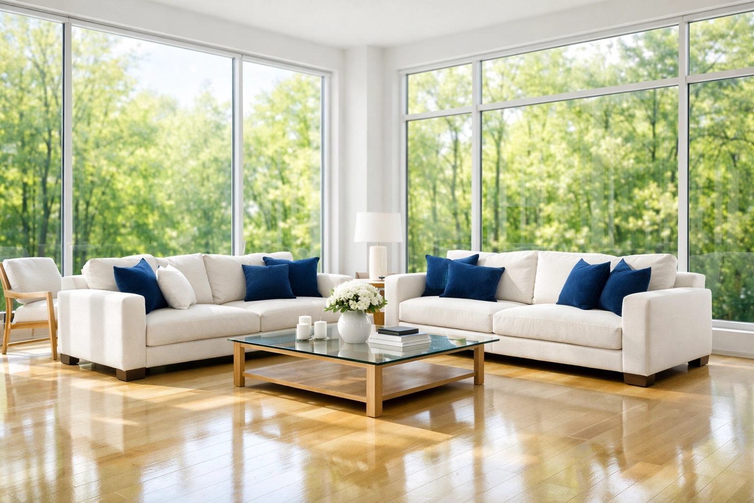 Immaculate living room with polished floors showing the benefits of professional house cleaning Ashburnham MA.