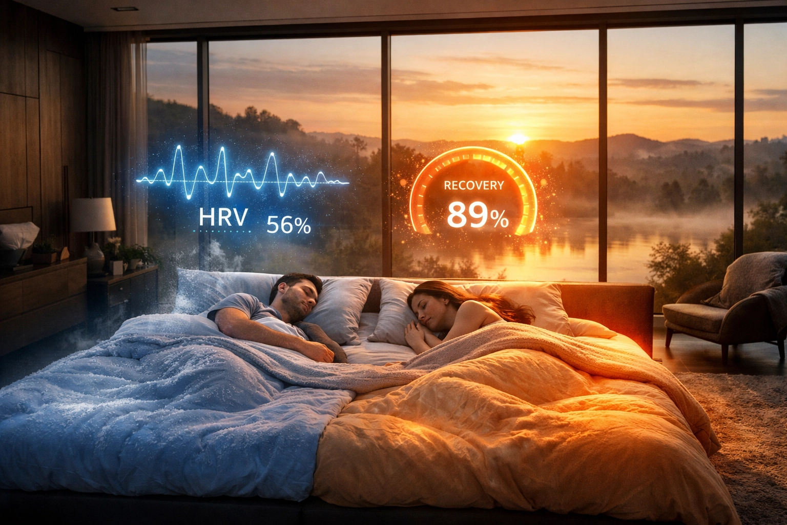 Dual-zone smart bed with climate control and heart rate variability tracking for optimized sleep recovery.